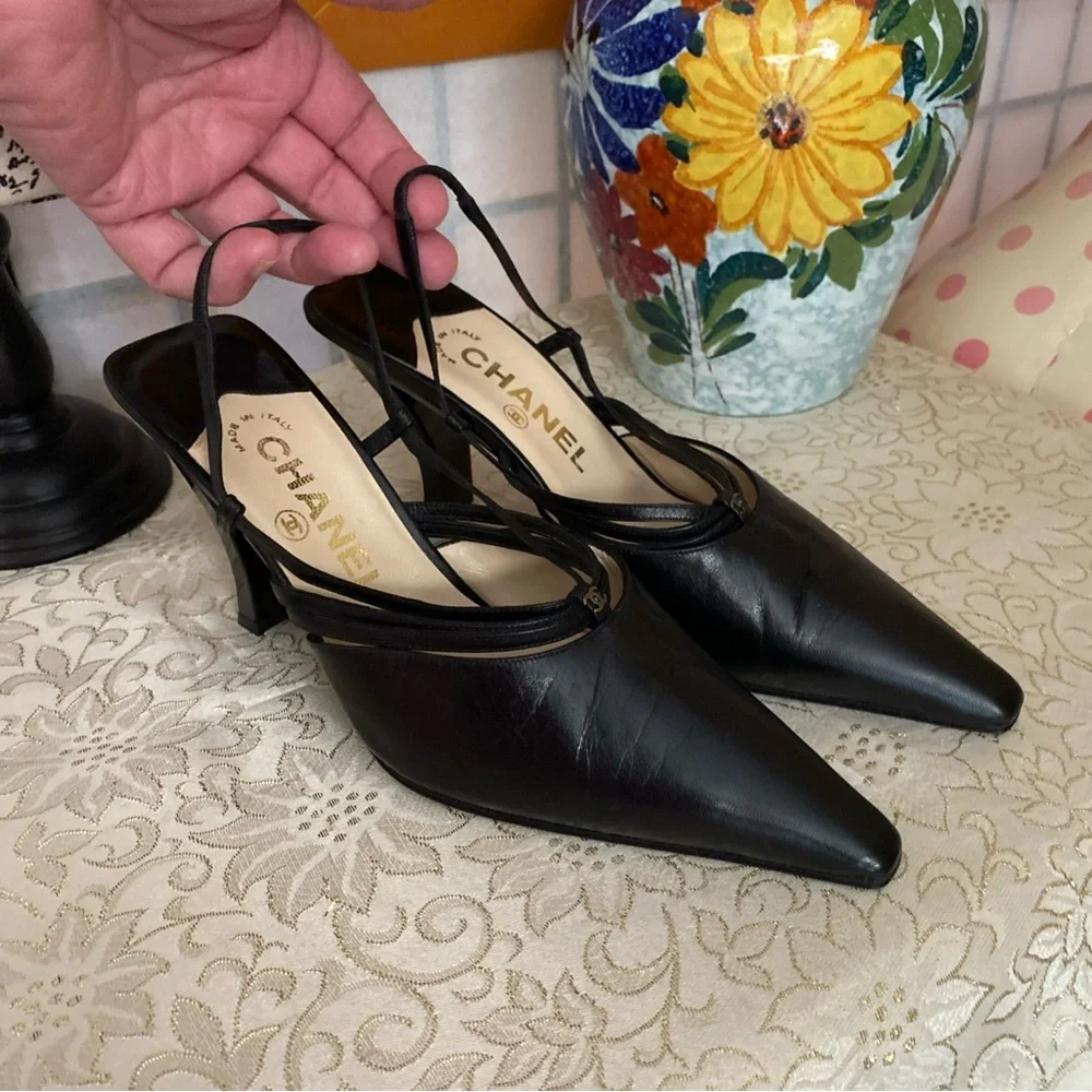 CHANEL New Black Pointed-Toe Slingback Heels Fits 5.5/6 (Euro 35.5) - Picture 3 of 16